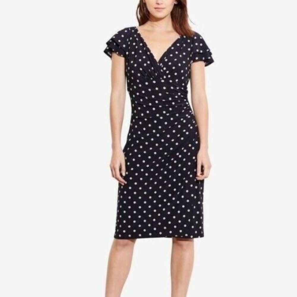 Lauren Ralph Lauren Navy Polka Dot Print Sheath Dress